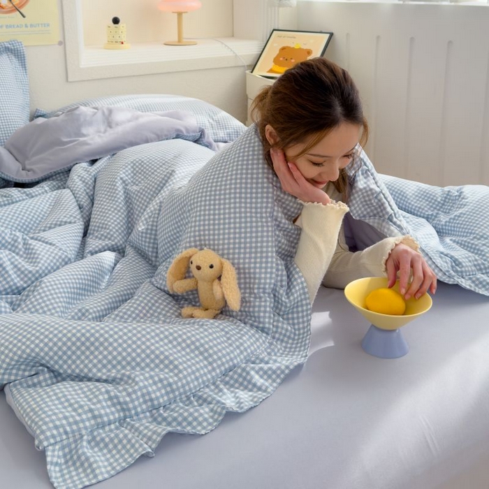 91家纺网 家纺一手货源 找家纺 默忆 2026新款A类水洗棉双层纱花边夏被夏凉被空调被被子被芯 蓝小格