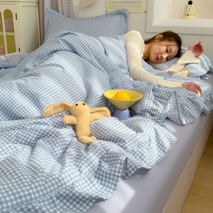 91家纺网 家纺一手货源 找家纺 默忆 2026新款A类水洗棉双层纱花边夏被夏凉被空调被被子被芯 蓝小格