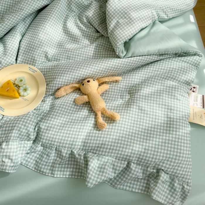 91家纺网 家纺一手货源 找家纺 默忆 2026新款A类水洗棉双层纱花边夏被夏凉被空调被被子被芯 浅绿小格