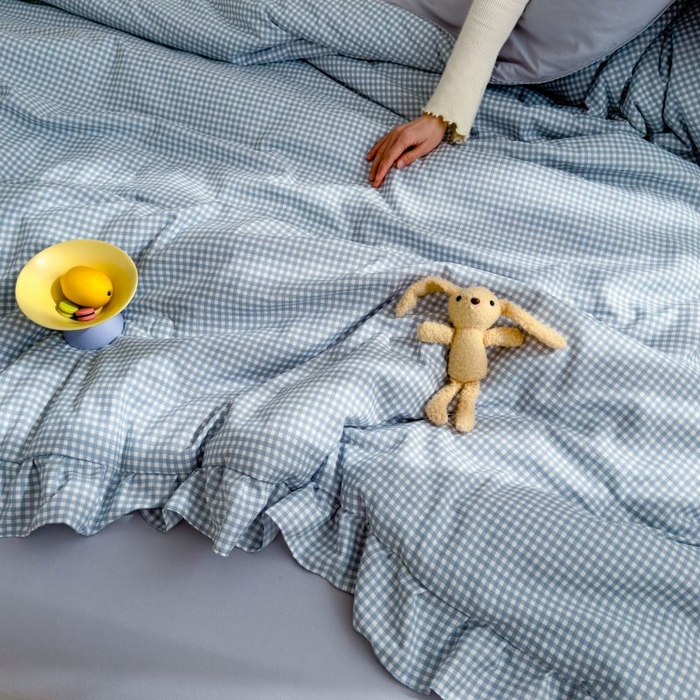 91家纺网 家纺一手货源 找家纺 默忆 2026新款A类水洗棉双层纱花边夏被夏凉被空调被被子被芯 蓝小格