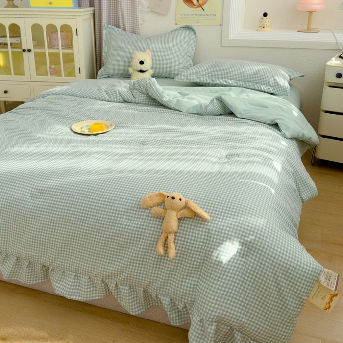 91家纺网 家纺一手货源 找家纺 默忆 2026新款A类水洗棉双层纱花边夏被夏凉被空调被被子被芯 浅绿小格