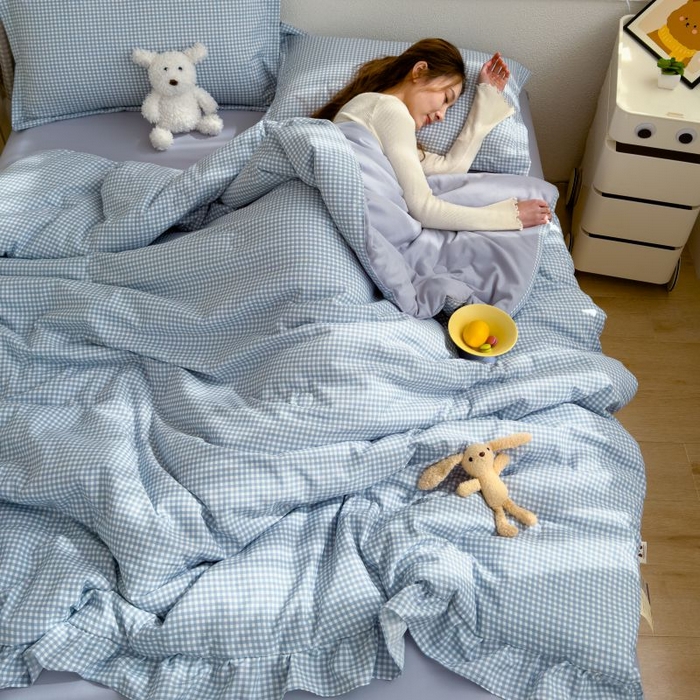 91家纺网 家纺一手货源 找家纺 默忆 2026新款A类水洗棉双层纱花边夏被夏凉被空调被被子被芯 蓝小格