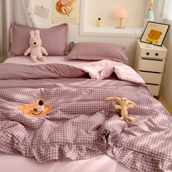 91家纺网 家纺一手货源 找家纺 默忆 2026新款A类水洗棉双层纱花边夏被夏凉被空调被被子被芯 紫粉小格