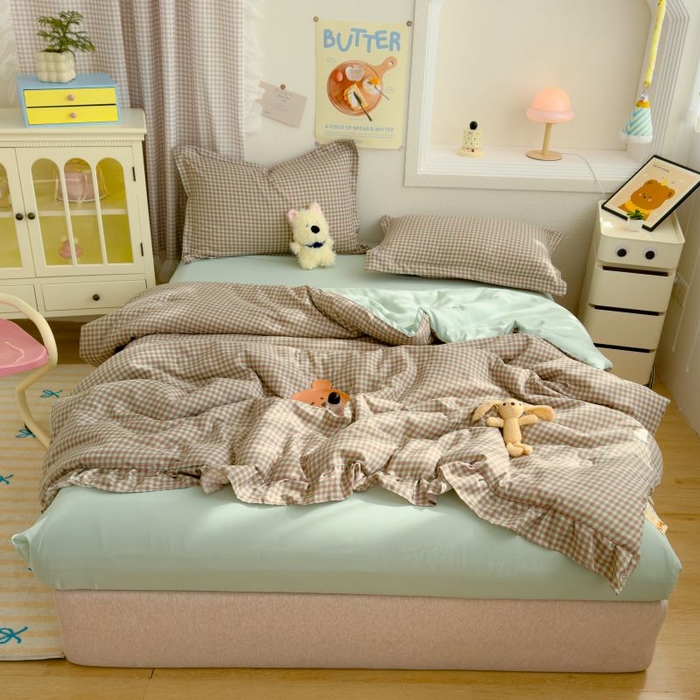 91家纺网 家纺一手货源 找家纺 默忆 2026新款A类水洗棉双层纱花边夏被夏凉被空调被被子被芯 咖色小格