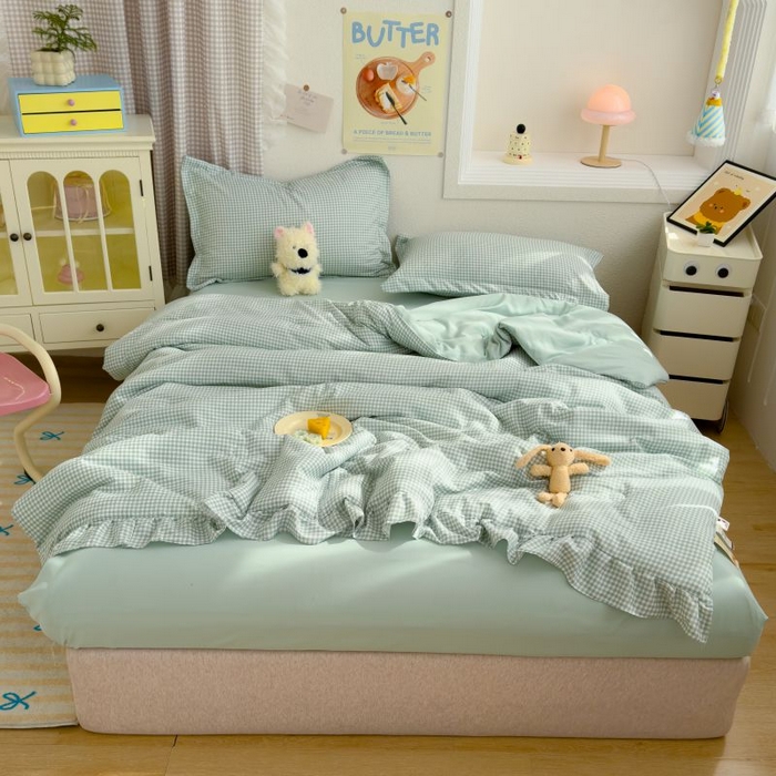 91家纺网 家纺一手货源 找家纺 默忆 2026新款A类水洗棉双层纱花边夏被夏凉被空调被被子被芯 浅绿小格