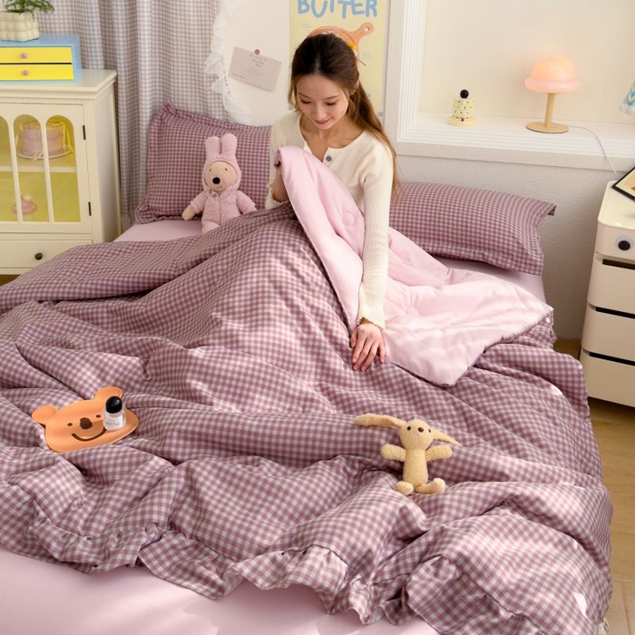 91家纺网 家纺一手货源 找家纺 默忆 2026新款A类水洗棉双层纱花边夏被夏凉被空调被被子被芯 紫粉小格