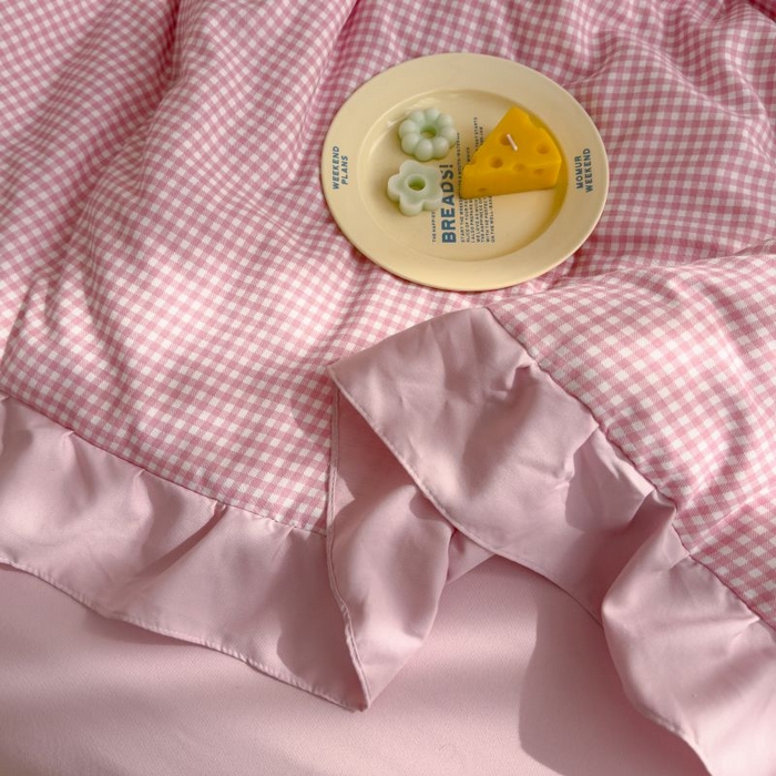 91家纺网 家纺一手货源 找家纺 默忆 2026新款A类水洗棉双层纱花边夏被夏凉被空调被被子被芯 粉小格