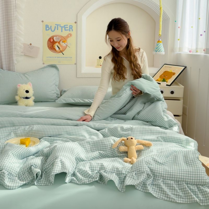 91家纺网 家纺一手货源 找家纺 默忆 2026新款A类水洗棉双层纱花边夏被夏凉被空调被被子被芯 浅绿小格