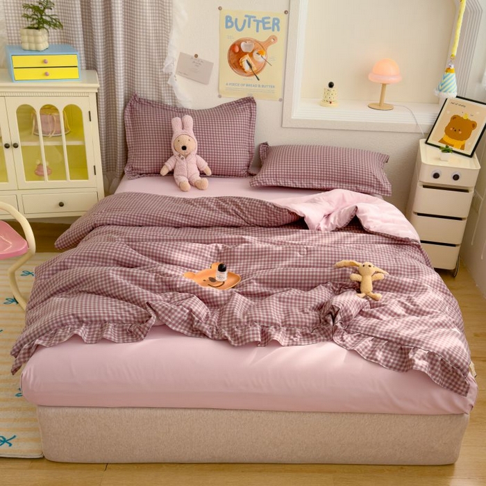 91家纺网 家纺一手货源 找家纺 默忆 2026新款A类水洗棉双层纱花边夏被夏凉被空调被被子被芯 紫粉小格