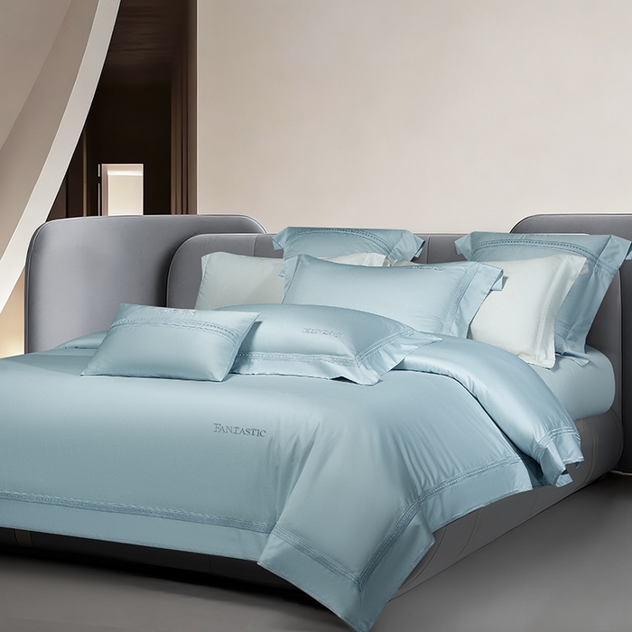 91家纺网 家纺一手货源 找家纺 诗黛尔 2026春夏新款长绒棉刺绣四件套-逸美系列 逸美-极光蓝