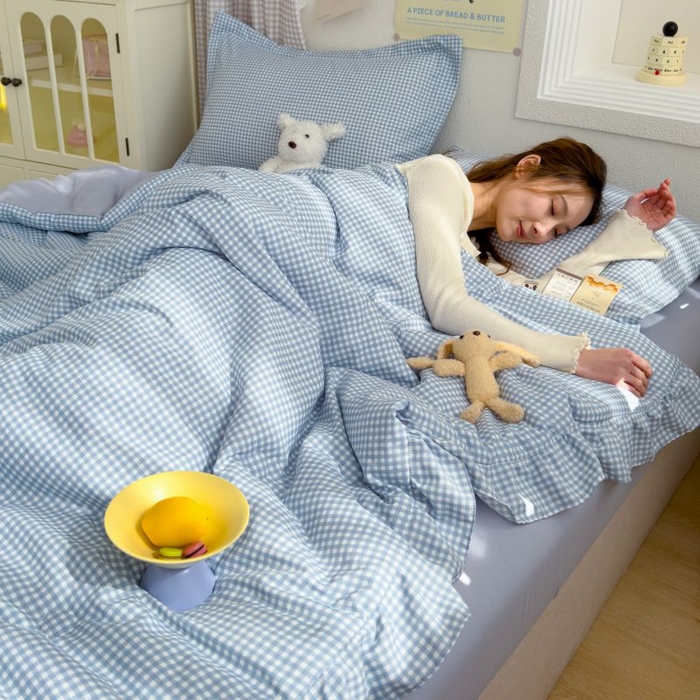 91家纺网 家纺一手货源 找家纺 默忆 2026新款A类水洗棉双层纱花边夏被夏凉被空调被被子被芯 蓝小格