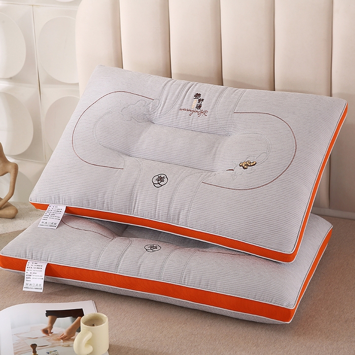 浩宇家纺 2026新款雪尼绒枕头枕芯单人刺绣护颈枕成人家用舒适定型款6305 姜舒暖-分区灰色