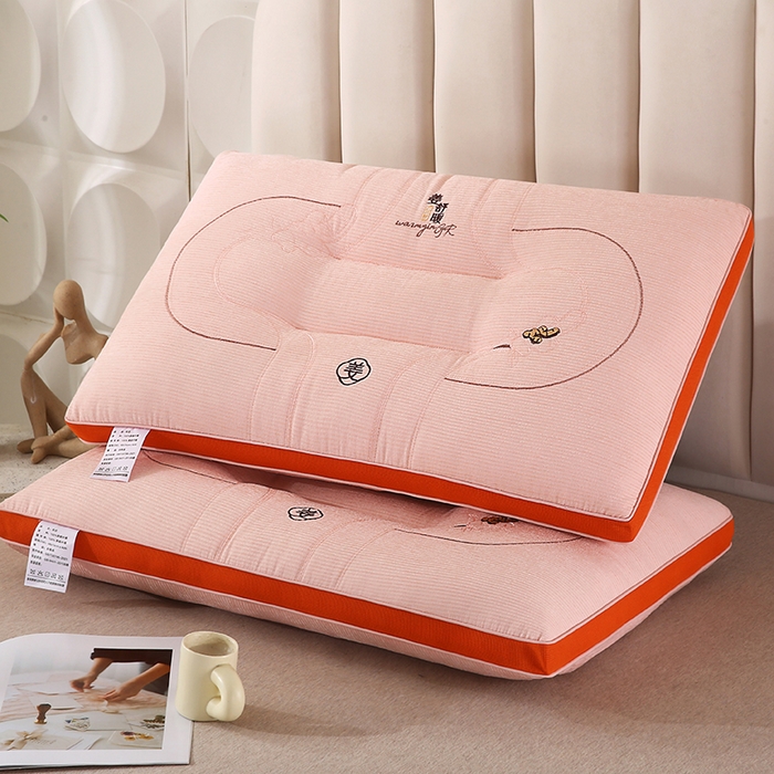 浩宇家纺 2026新款雪尼绒枕头枕芯单人刺绣护颈枕成人家用舒适定型款6305 姜舒暖-分区粉色