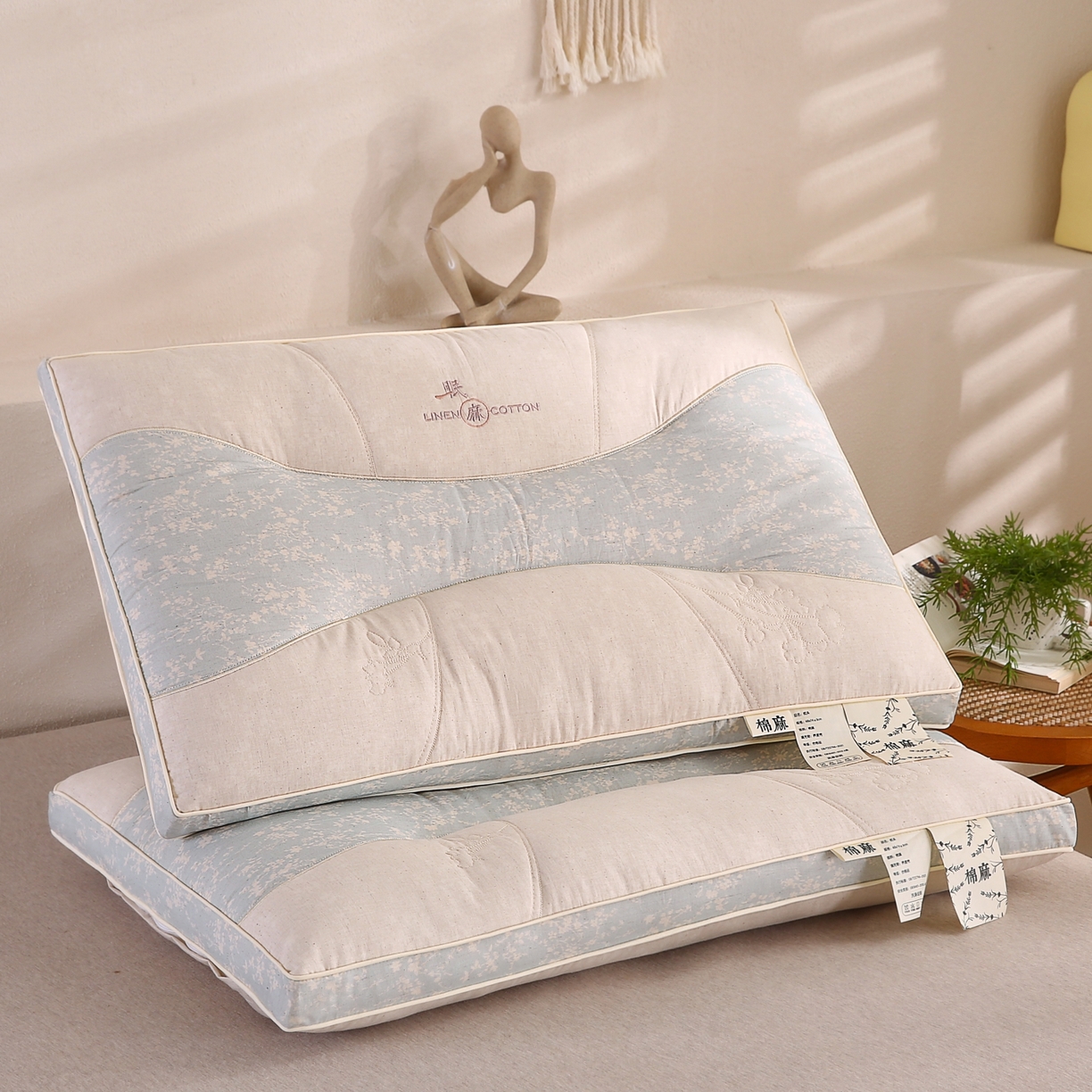 浩宇家纺 2026新款国潮棉麻枕头枕芯秋冬不上火刺绣护颈枕成人家用舒适定型款6306 天青色