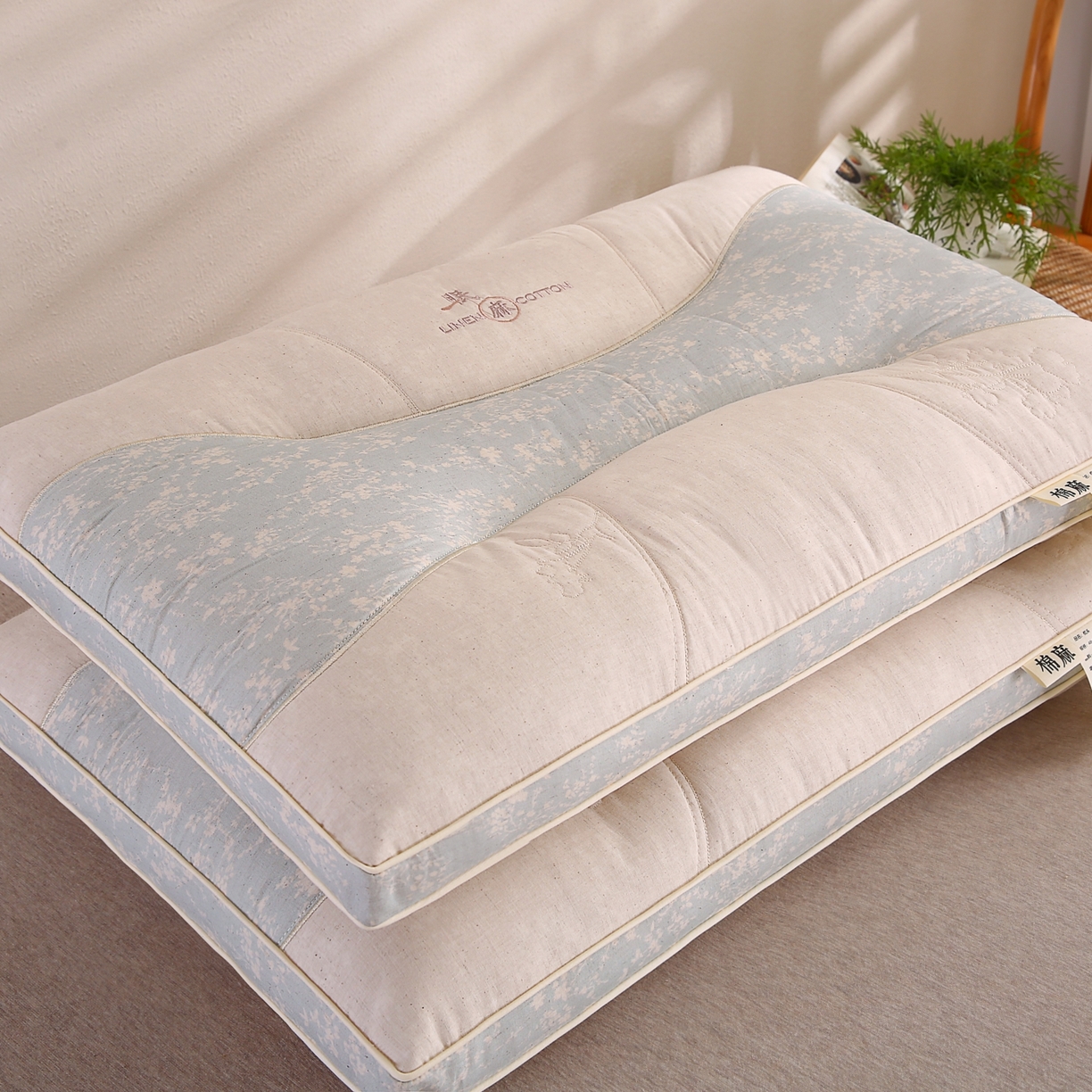 91家纺网 家纺一手货源 找家纺 浩宇家纺 2026新款国潮棉麻枕头枕芯秋冬不上火刺绣护颈枕成人家用舒适定型款6306 天青色