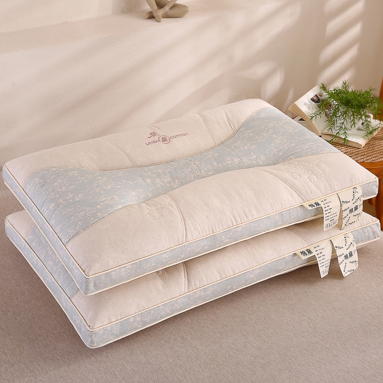 91家纺网 家纺一手货源 找家纺 浩宇家纺 2026新款国潮棉麻枕头枕芯秋冬不上火刺绣护颈枕成人家用舒适定型款6306 天青色