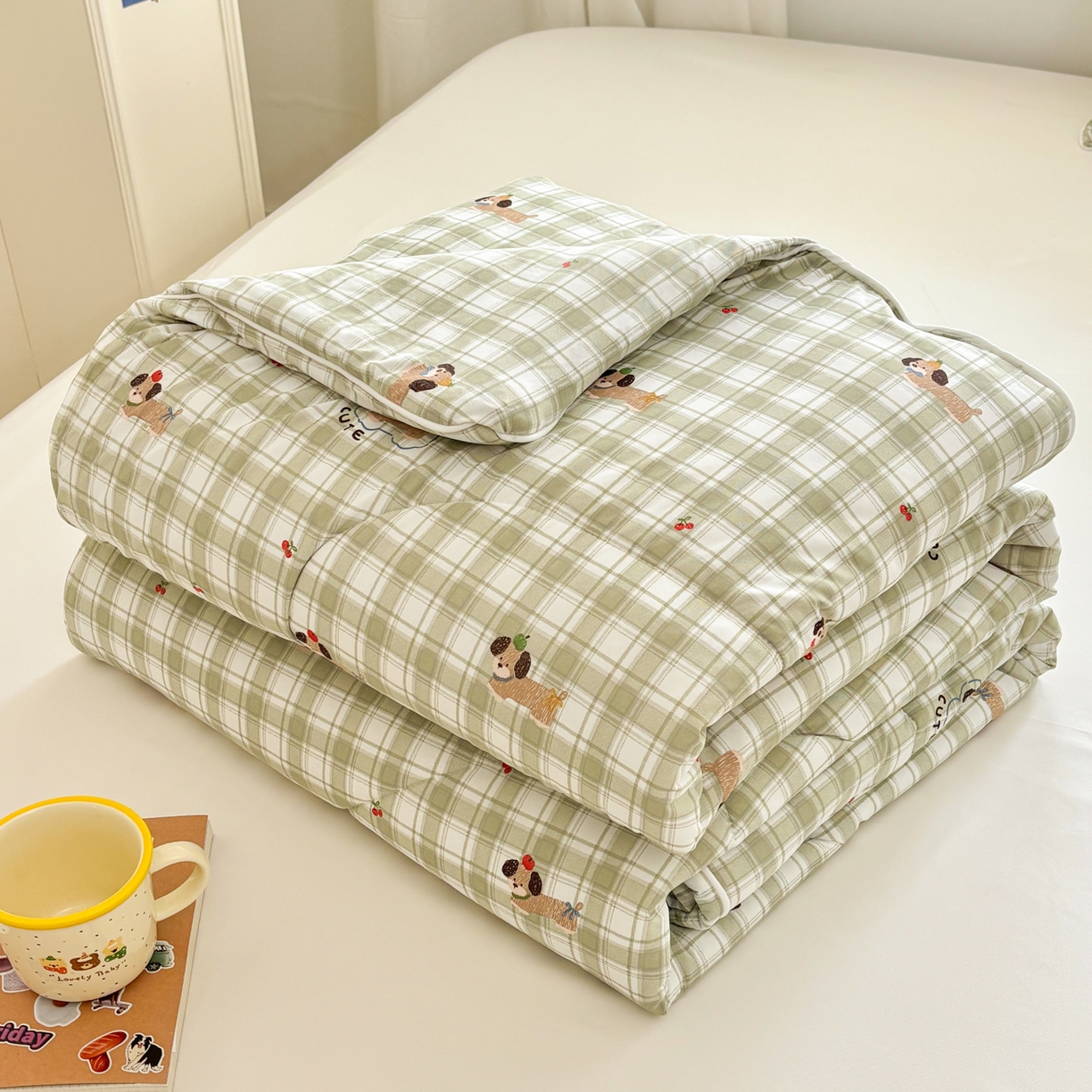 91家纺网 家纺一手货源 找家纺 益多眠 【同款超低价】2026新款锦氨夏凉被凉感丝夏被空调被单人夏被自带凉感冰丝夏被【四周踩棉】 格子小狗