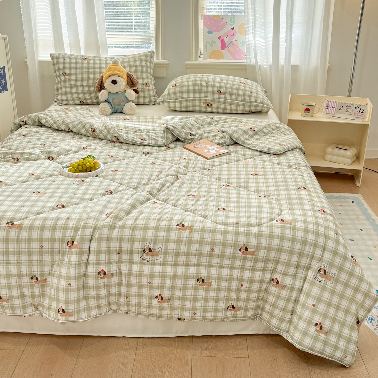 91家纺网 家纺一手货源 找家纺 益多眠 【同款超低价】2026新款锦氨夏凉被凉感丝夏被空调被单人夏被自带凉感冰丝夏被【四周踩棉】 格子小狗