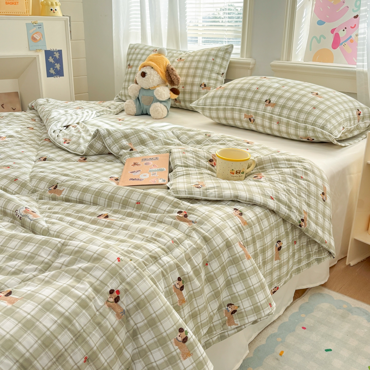 91家纺网 家纺一手货源 找家纺 益多眠 【同款超低价】2026新款锦氨夏凉被凉感丝夏被空调被单人夏被自带凉感冰丝夏被【四周踩棉】 格子小狗