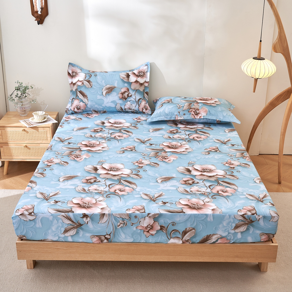 91家纺网 家纺一手货源 找家纺 馨乐 2022新款亲肤印花卡通水洗天丝夏被四件套 山茶花-粉