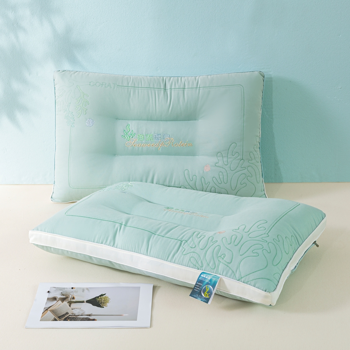 91家纺网 家纺一手货源 找家纺 浩宇家纺 2026新款刺绣款超柔软枕头枕芯成人家用舒适定型护颈款6312 薄荷绿