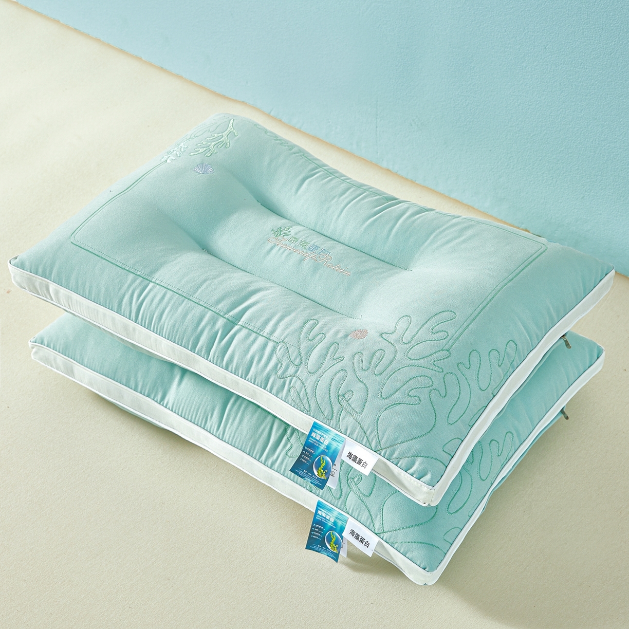 91家纺网 家纺一手货源 找家纺 浩宇家纺 2026新款刺绣款超柔软枕头枕芯成人家用舒适定型护颈款6312 薄荷绿