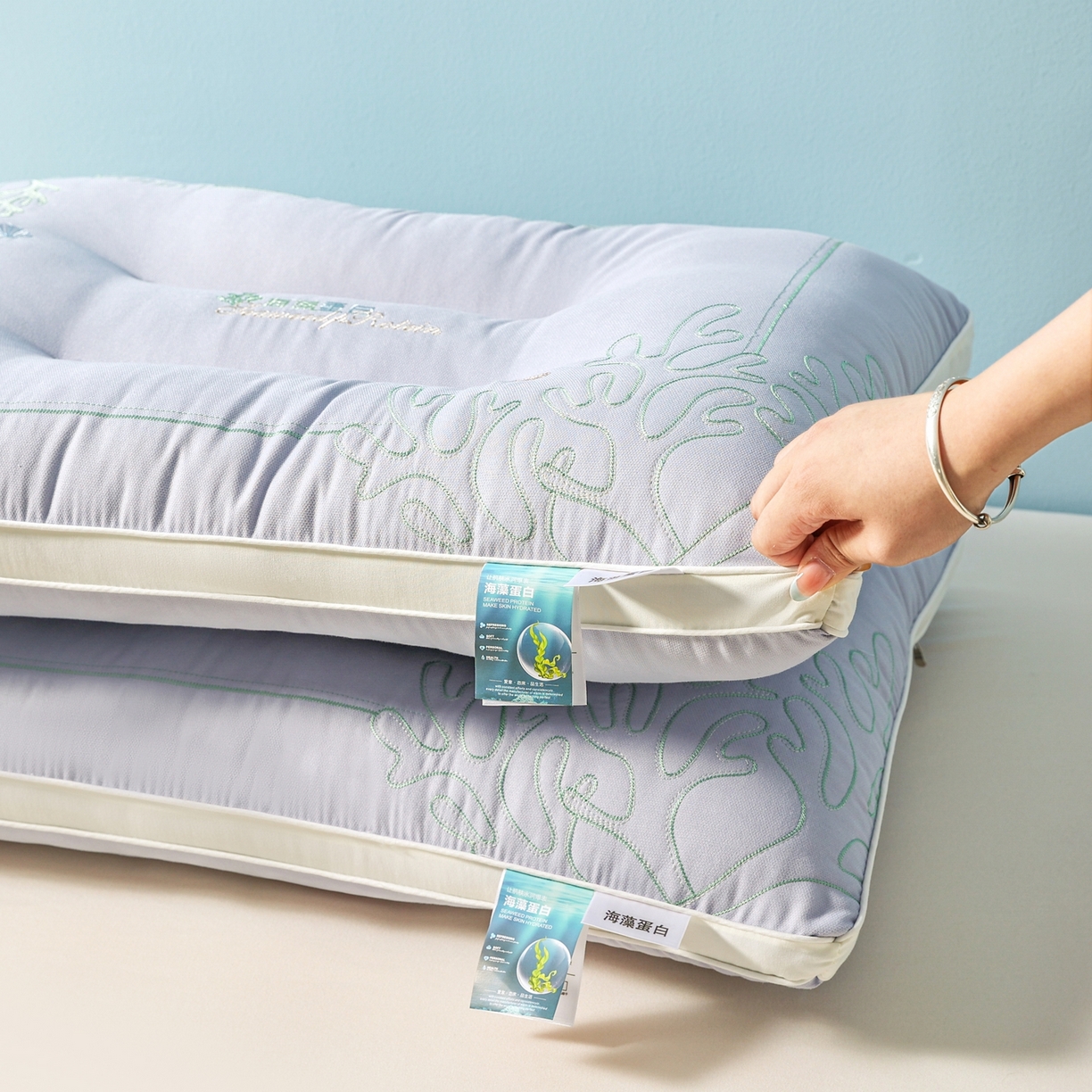 91家纺网 家纺一手货源 找家纺 浩宇家纺 2026新款刺绣款超柔软枕头枕芯成人家用舒适定型护颈款6312 兰灰