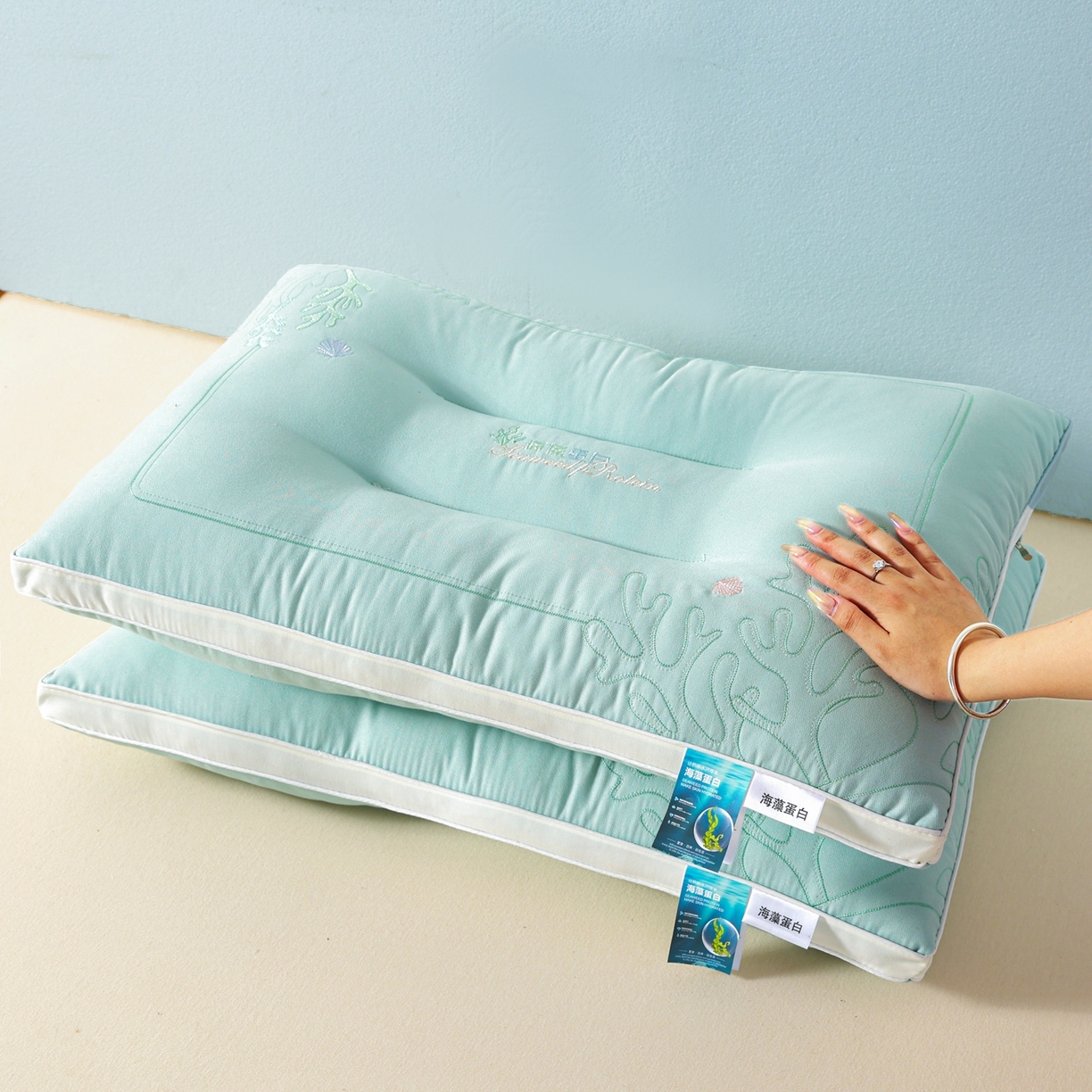 91家纺网 家纺一手货源 找家纺 浩宇家纺 2026新款刺绣款超柔软枕头枕芯成人家用舒适定型护颈款6312 薄荷绿