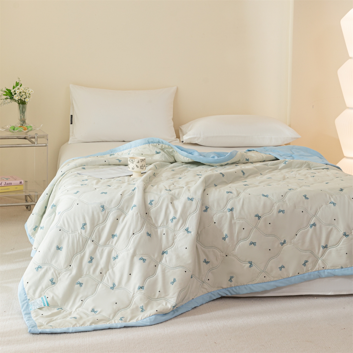 91家纺网 家纺一手货源 找家纺 梵心家纺 2026新款磨毛印花水洗棉夏被夏凉被空调被TEMU跨境爆款被子 蝴蝶结-蓝