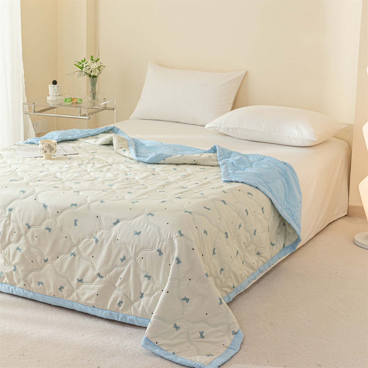 91家纺网 家纺一手货源 找家纺 梵心家纺 2026新款磨毛印花水洗棉夏被夏凉被空调被TEMU跨境爆款被子 蝴蝶结-蓝