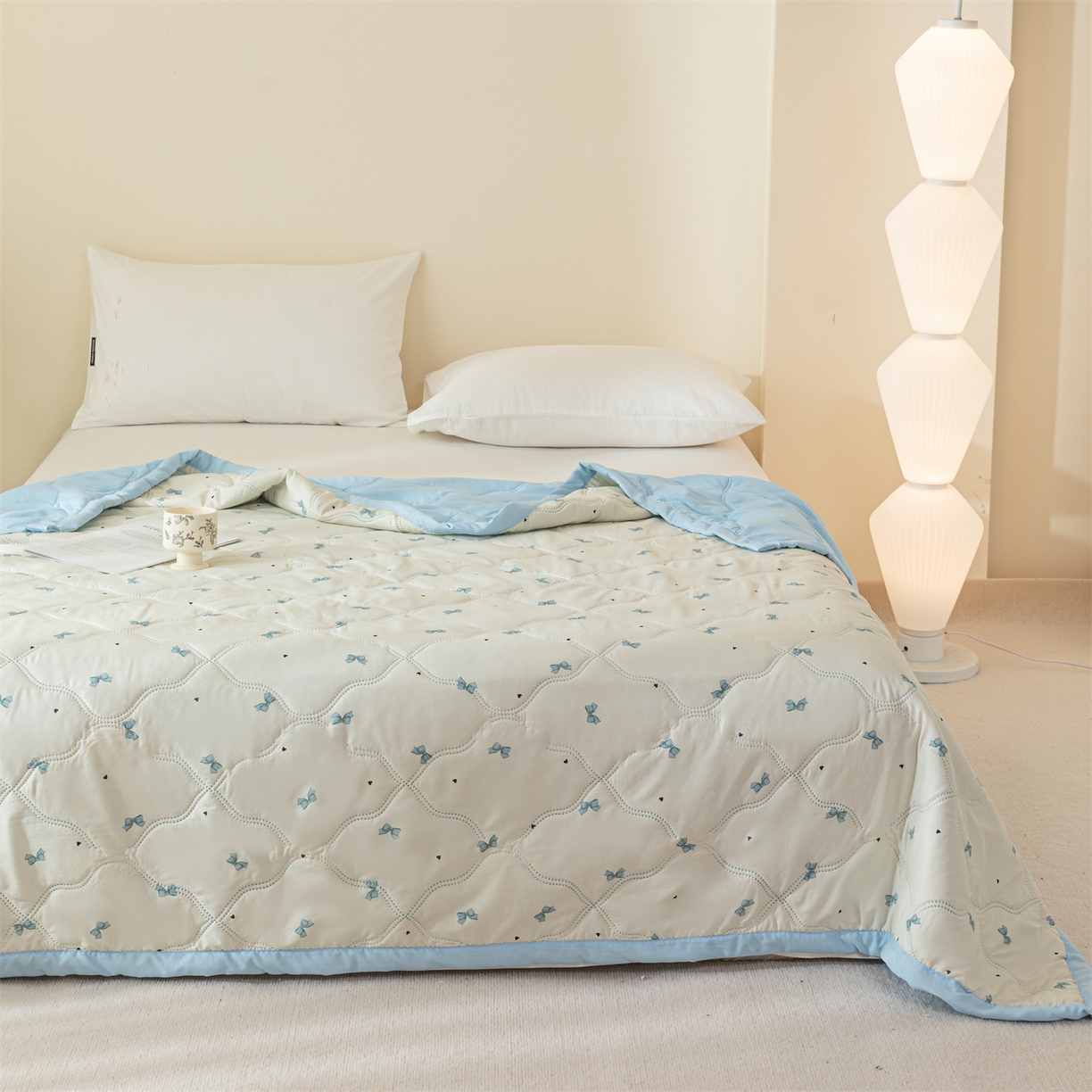 91家纺网 家纺一手货源 找家纺 梵心家纺 2026新款磨毛印花水洗棉夏被夏凉被空调被TEMU跨境爆款被子 蝴蝶结-蓝