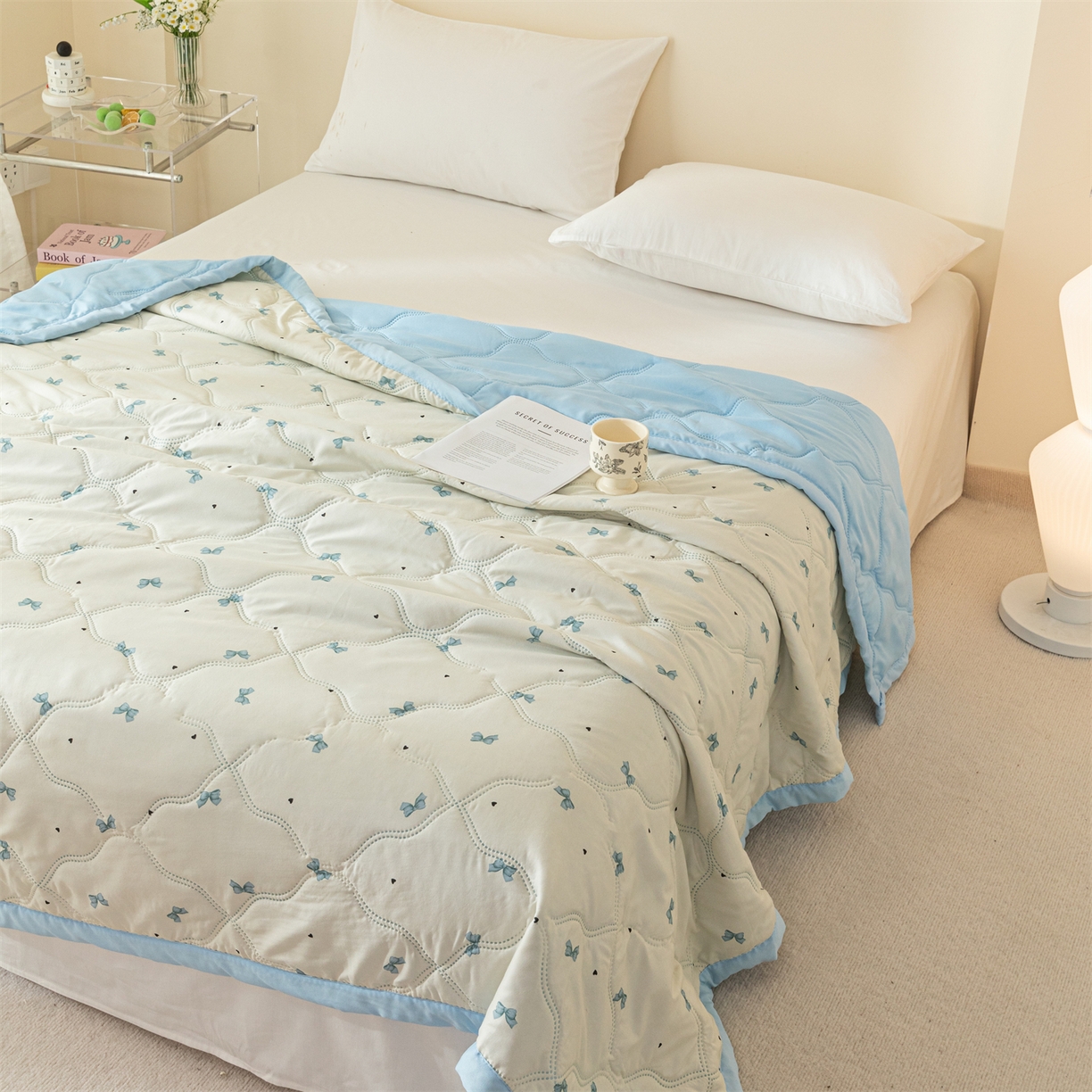 91家纺网 家纺一手货源 找家纺 梵心家纺 2026新款磨毛印花水洗棉夏被夏凉被空调被TEMU跨境爆款被子 蝴蝶结-蓝