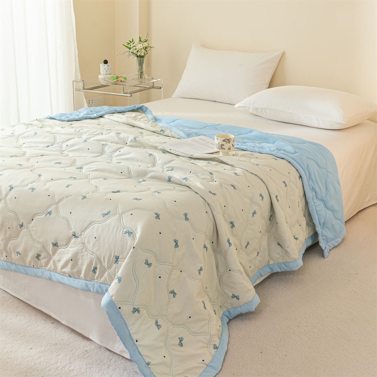 91家纺网 家纺一手货源 找家纺 梵心家纺 2026新款磨毛印花水洗棉夏被夏凉被空调被TEMU跨境爆款被子 蝴蝶结-蓝