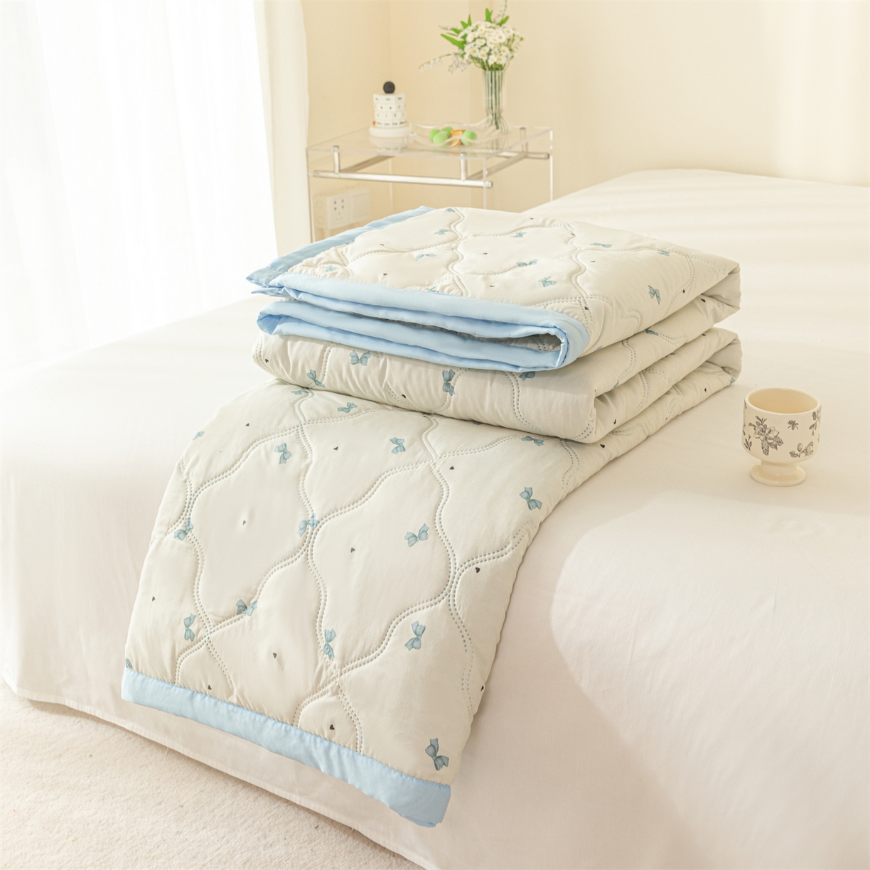 梵心家纺 2026新款磨毛印花水洗棉夏被夏凉被空调被TEMU跨境爆款被子 蝴蝶结-蓝