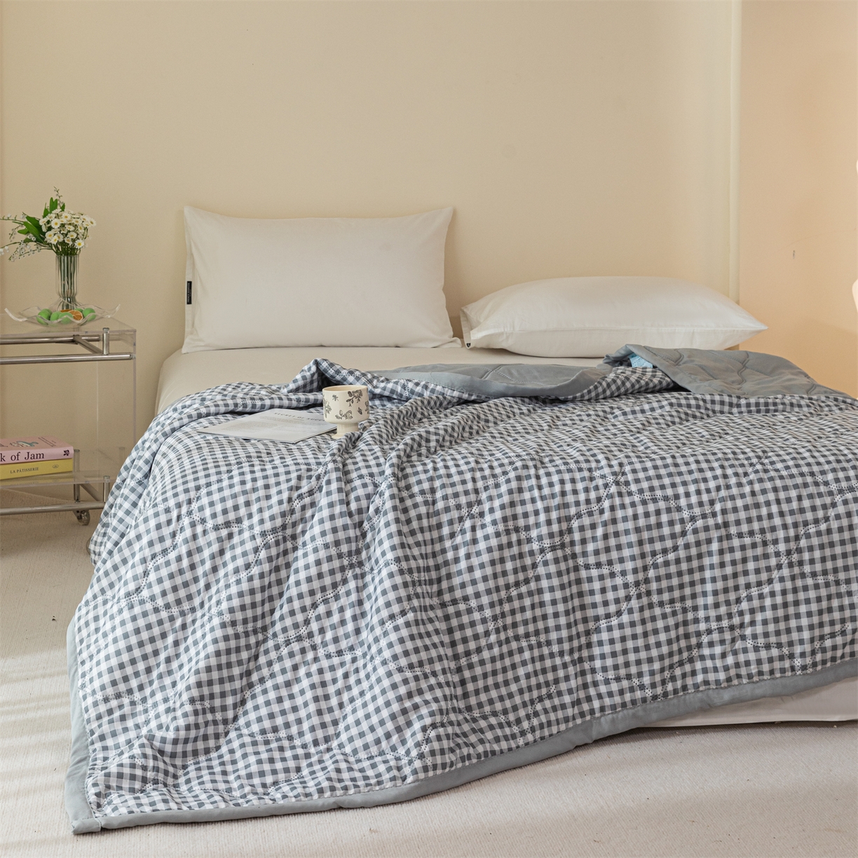 91家纺网 家纺一手货源 找家纺 梵心家纺 2026新款磨毛印花水洗棉夏被夏凉被空调被TEMU跨境爆款被子 灰小格