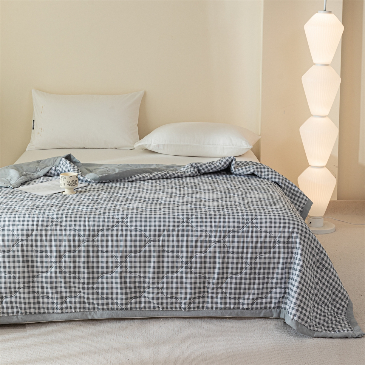 91家纺网 家纺一手货源 找家纺 梵心家纺 2026新款磨毛印花水洗棉夏被夏凉被空调被TEMU跨境爆款被子 灰小格