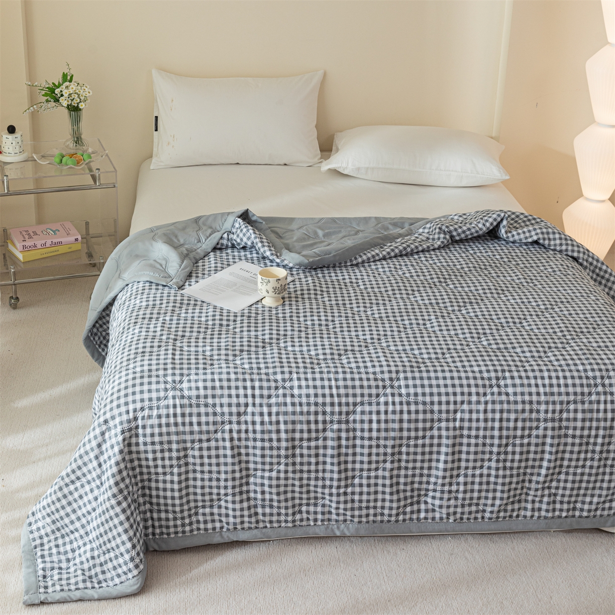 91家纺网 家纺一手货源 找家纺 梵心家纺 2026新款磨毛印花水洗棉夏被夏凉被空调被TEMU跨境爆款被子 灰小格