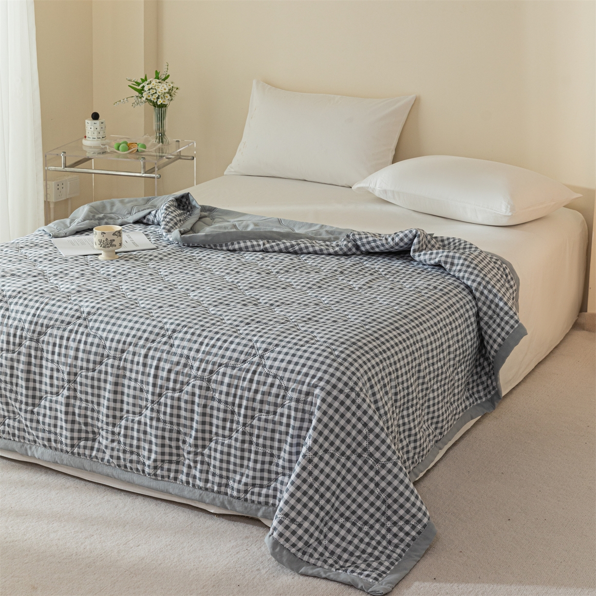 91家纺网 家纺一手货源 找家纺 梵心家纺 2026新款磨毛印花水洗棉夏被夏凉被空调被TEMU跨境爆款被子 灰小格