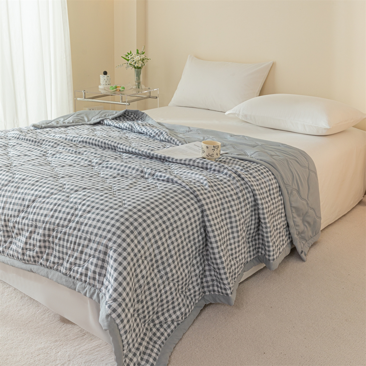 91家纺网 家纺一手货源 找家纺 梵心家纺 2026新款磨毛印花水洗棉夏被夏凉被空调被TEMU跨境爆款被子 灰小格