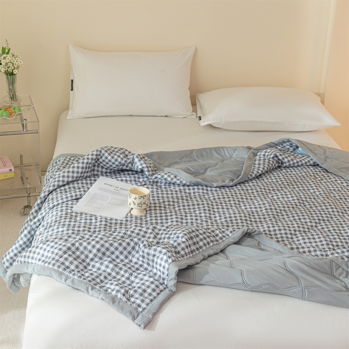 91家纺网 家纺一手货源 找家纺 梵心家纺 2026新款磨毛印花水洗棉夏被夏凉被空调被TEMU跨境爆款被子 灰小格