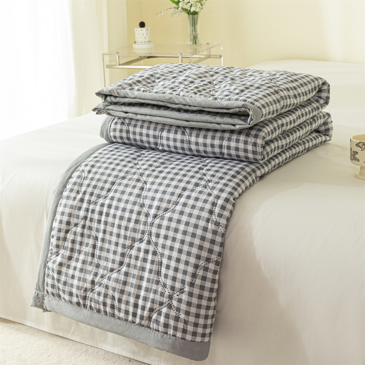 梵心家纺 2026新款磨毛印花水洗棉夏被夏凉被空调被TEMU跨境爆款被子 灰小格