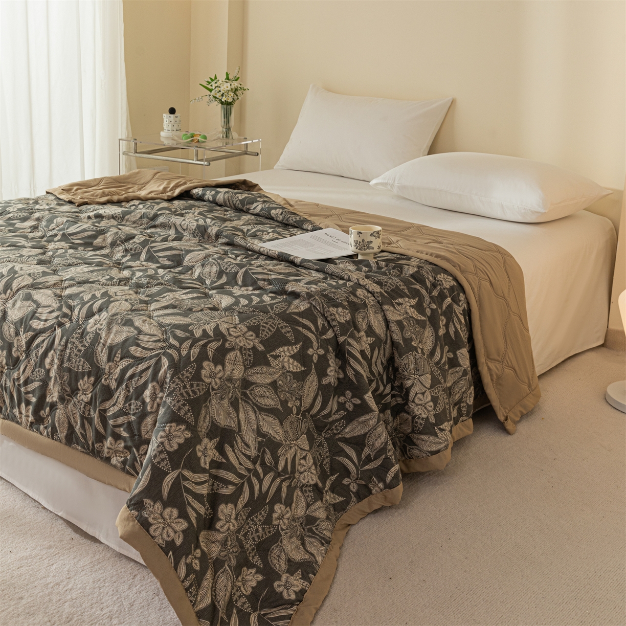 91家纺网 家纺一手货源 找家纺  梵心家纺 2026新款磨毛印花水洗棉夏被夏凉被空调被TEMU跨境爆款被子 墨叶