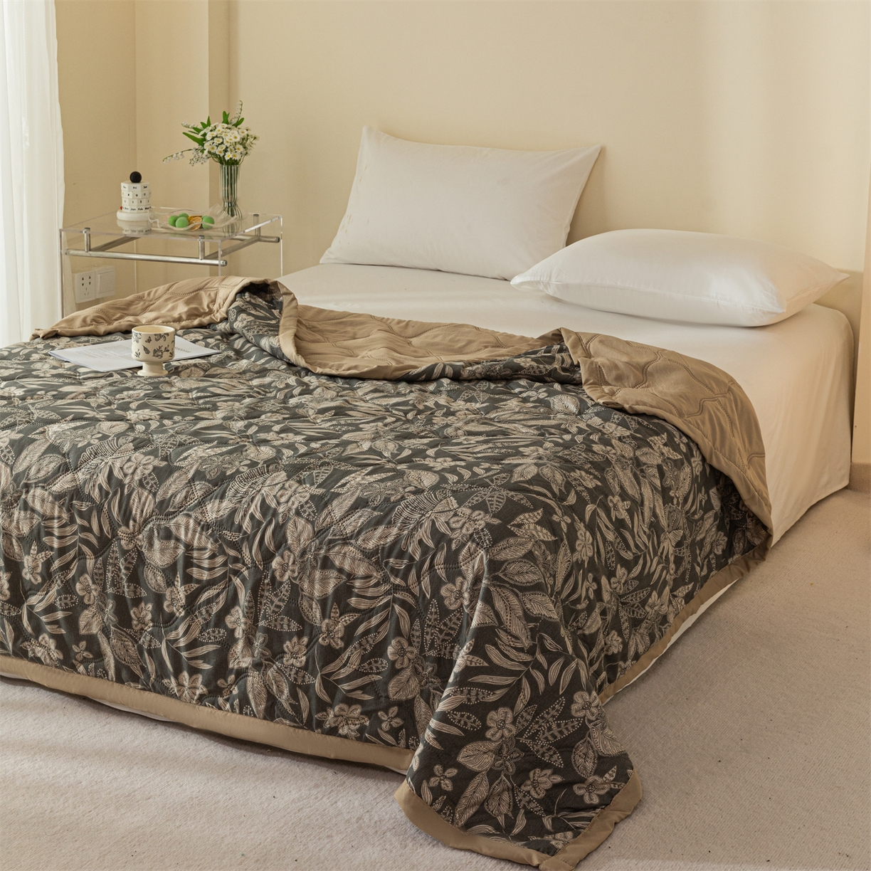 91家纺网 家纺一手货源 找家纺  梵心家纺 2026新款磨毛印花水洗棉夏被夏凉被空调被TEMU跨境爆款被子 墨叶