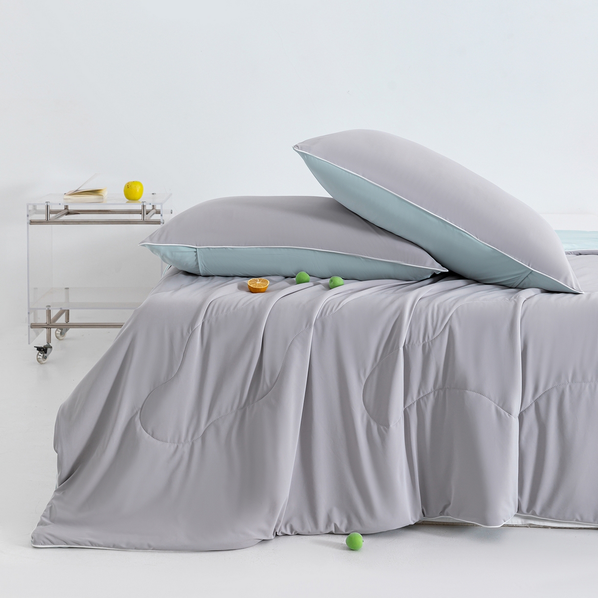 91家纺网 家纺一手货源 找家纺 梵心家纺 2026新款凉感A类氨纶凉感丝夏被（10%氨纶）空调被大豆夏凉被 珍珠灰+水蓝