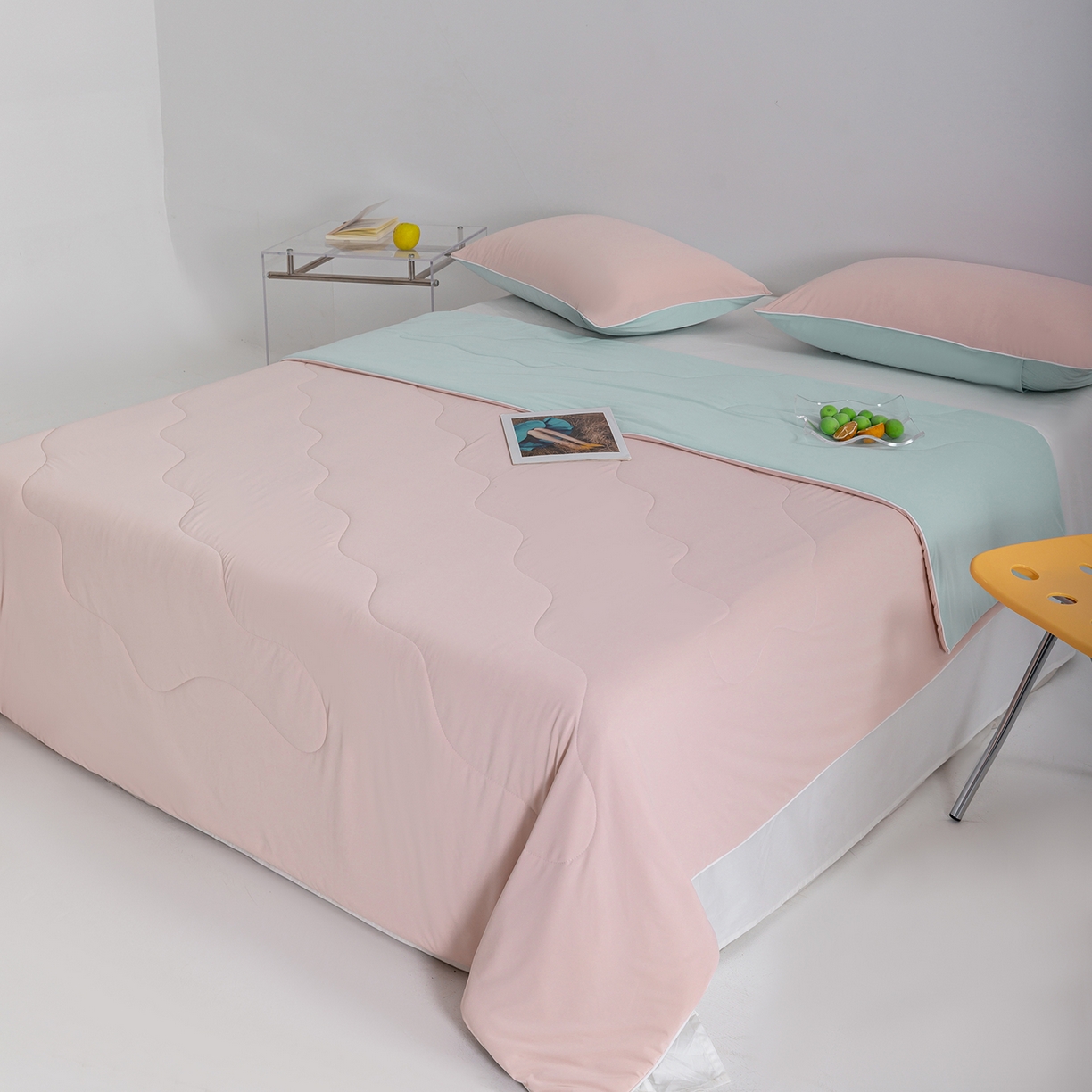 91家纺网 家纺一手货源 找家纺 梵心家纺 2026新款凉感A类氨纶凉感丝夏被（10%氨纶）空调被大豆夏凉被 白桃粉+海风兰