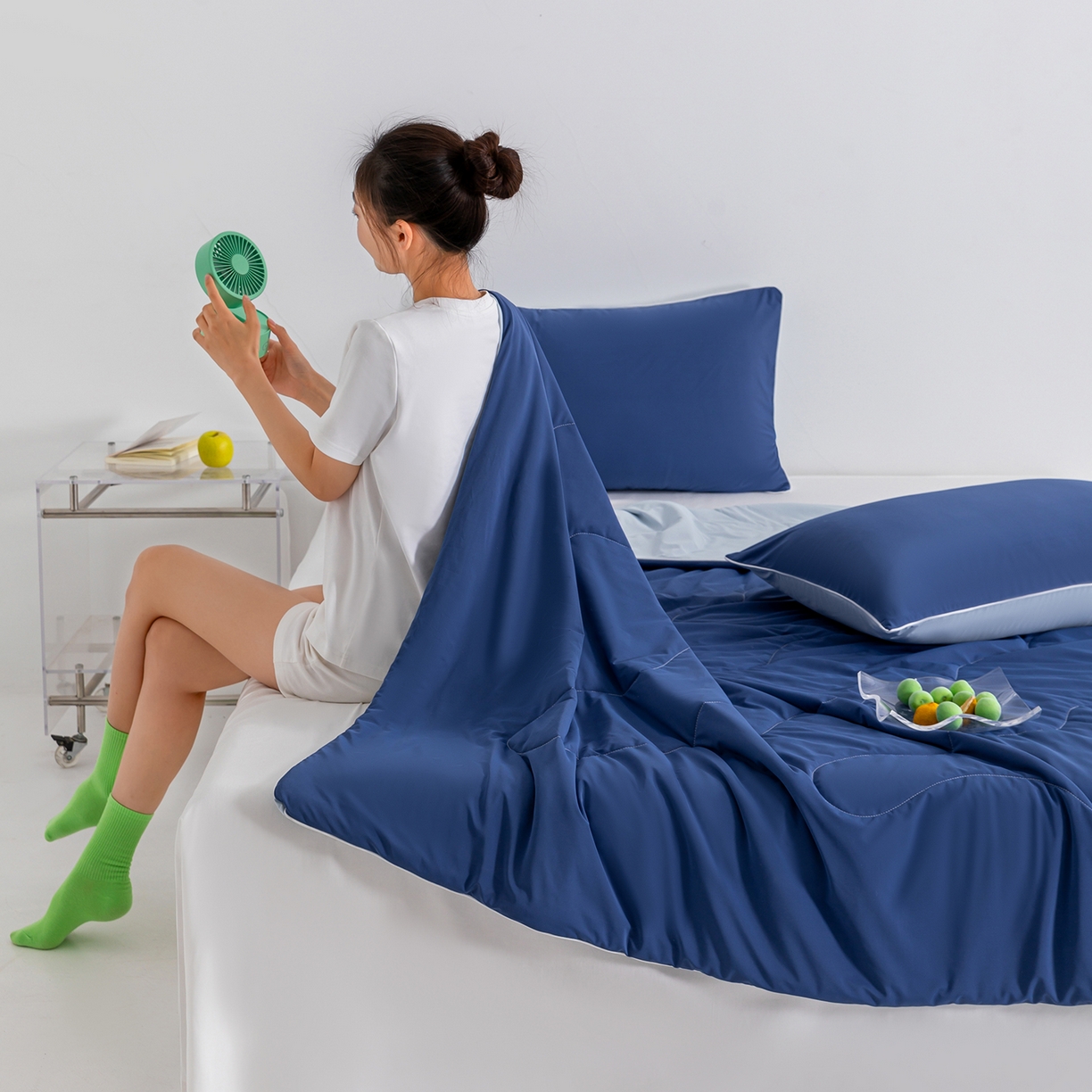 91家纺网 家纺一手货源 找家纺 梵心家纺 2026新款凉感A类氨纶凉感丝夏被（10%氨纶）空调被大豆夏凉被 深睡蓝por