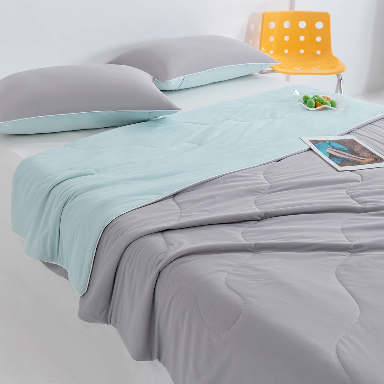 91家纺网 家纺一手货源 找家纺 梵心家纺 2026新款凉感A类氨纶凉感丝夏被（10%氨纶）空调被大豆夏凉被 珍珠灰+水蓝