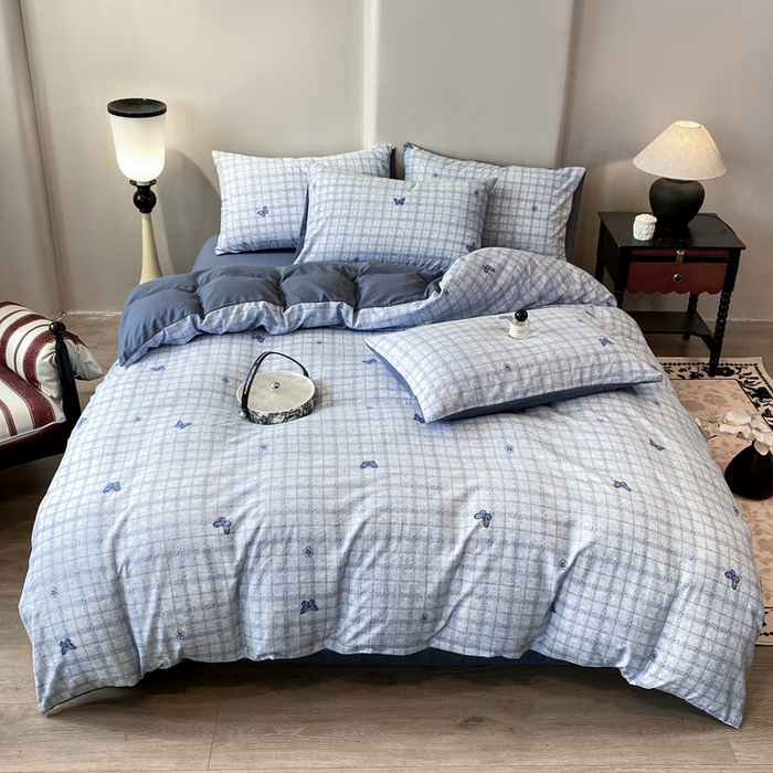 91家纺网 家纺一手货源 找家纺 红日子纺织品 2026春夏云感复古+小清新皱皱纱四件套 蝶舞-兰