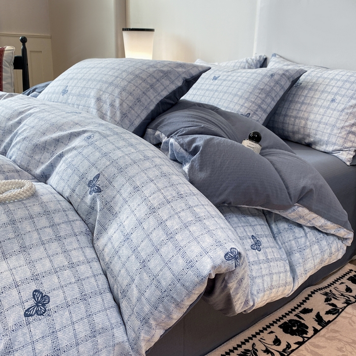 91家纺网 家纺一手货源 找家纺 红日子纺织品 2026春夏云感复古+小清新皱皱纱四件套 蝶舞-兰