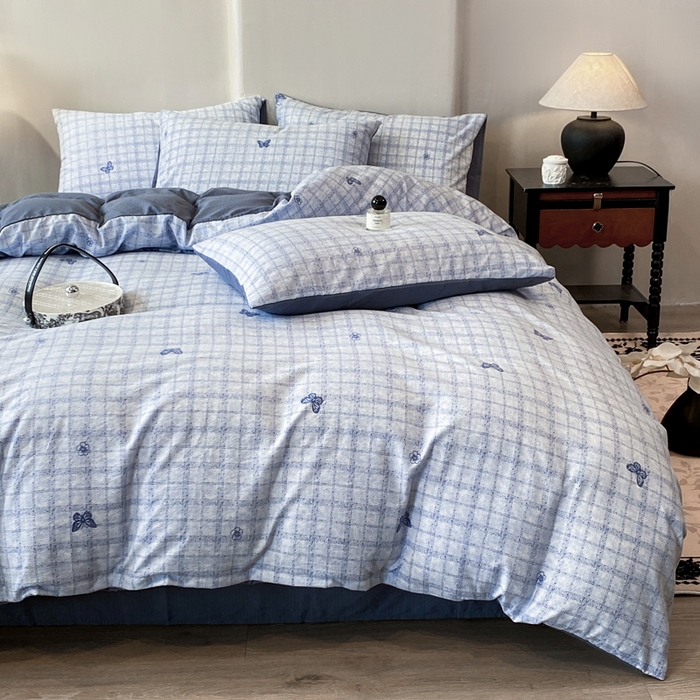 91家纺网 家纺一手货源 找家纺 红日子纺织品 2026春夏云感复古+小清新皱皱纱四件套 蝶舞-兰